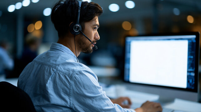 Customer operator man working in office at night with headset and computer. Professional support representative providing online help. Call center agent managing client service request.