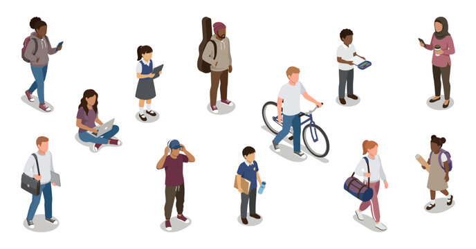 Isometric diverse students walking and standing | Vector character collection of international school pupils | 3d graphic design element