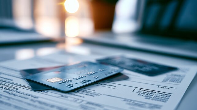 Medical invoice showing hospital charges and billing details with credit cards on top, representing healthcare payment concepts
