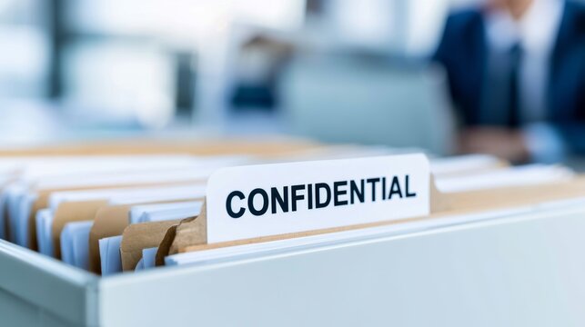 Confidential file folder organizing sensitive documents in a cabinet, representing data security, privacy, and important information management