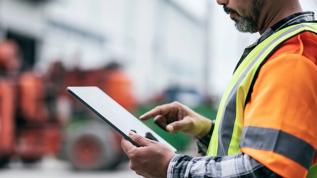 Construction worker in high visibility vest interacting with a tablet, working on an industrial site with blurred machinery