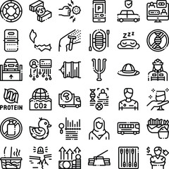 Fototapeta premium Comprehensive collection of outline icons detailing a wide range of subjects, including technology, science, everyday objects, and abstract ideas, suitable for various design projects