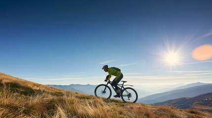 Fototapeta premium Cyclist riding mountain bike uphill on a scenic grassy terrain, embracing journey, challenge, and outdoor adventure