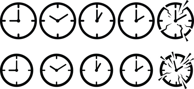 Collection of black and white clock faces showing different times and a broken clock