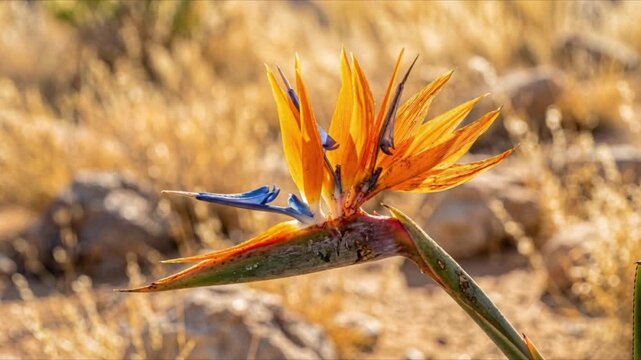 Bird of paradise flower filmed in a slow dramatic zoom out revealing its full majestic bird-like silhouette as dry warm wind makes vivid blue petals quiver like feathers in arid light