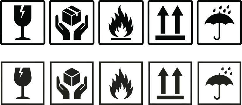 Shipping hazard symbols set with fragile handle with care flammable icons on white background