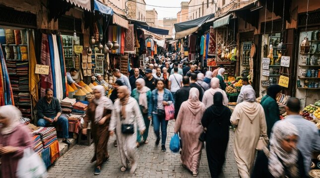 Lively Middle Eastern souk filled with people browsing textiles, spices and fruit as vendors call out along narrow stone alleyway

