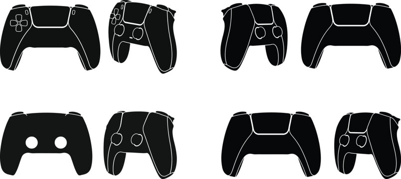 Playstation five controllers silhouette set on a white background for gaming concepts