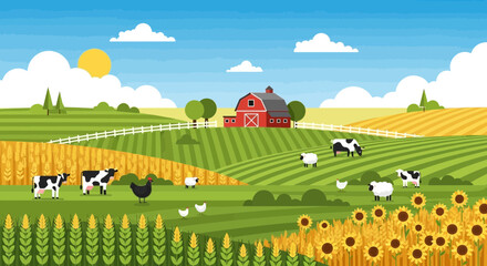 Naklejka premium Vibrant Rural Landscape with Farm Animals, Crops, and Sun