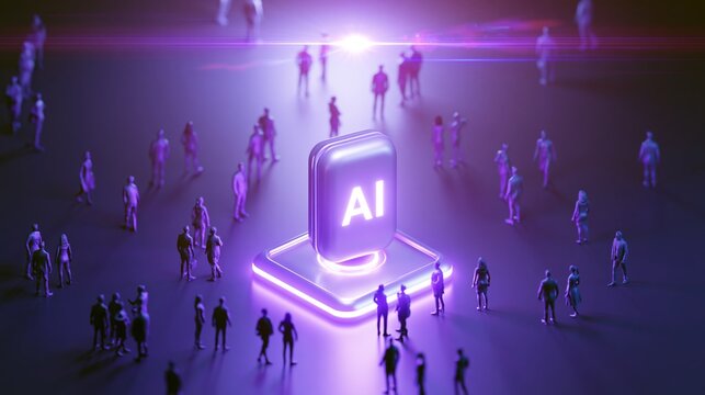 Artificial intelligence button illuminating a purple sci fi landscape, humans gathering around the central digital innovation