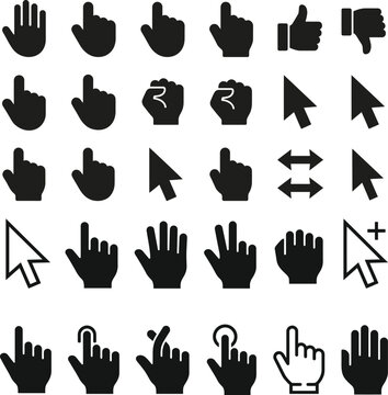 Collection of black hand gestures and cursors on a white background flat icons