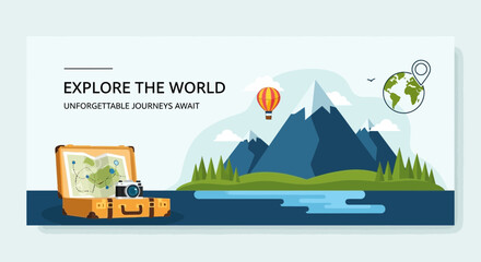 Fototapeta premium Explore The World: Vintage Suitcase, Map, Camera, Mountains, Hot Air Balloon, Globe - Adventure Awaits