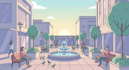 Pixel Art City Square with Fountain and People Relaxing at Sunset © Sarwanto1122