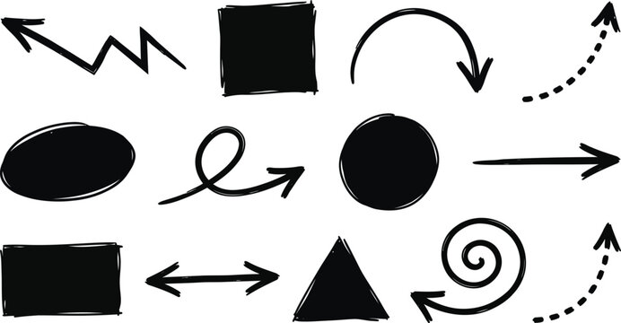 Hand drawn arrows and geometric shapes on a white background