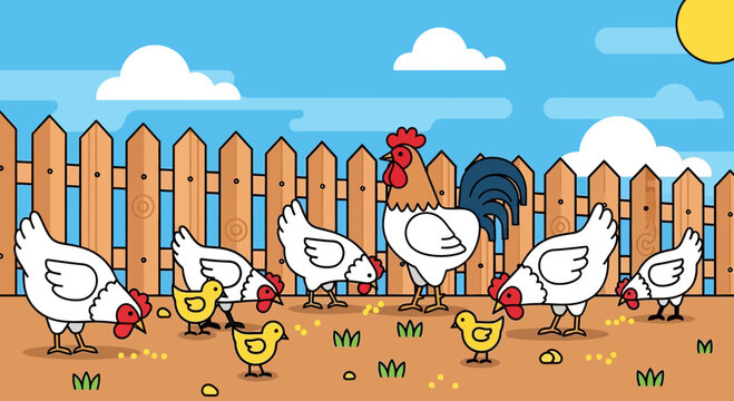 Cartoon Farm Scene: Rooster, Hens, Chicks, Fence, Blue Sky, Clouds, Rustic Countryside
