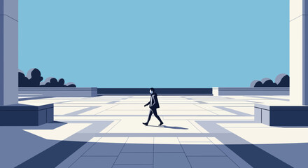 Lone businessman walking in a vast, sunlit plaza with geometric patterns © Sarwanto1122