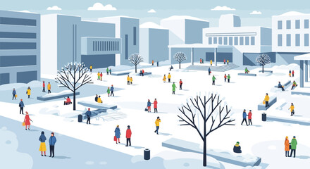 Winter cityscape with people walking in snow-covered plaza and modern buildings © Sarwanto1122