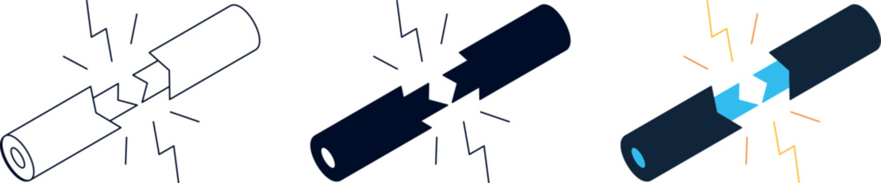 Broken electrical wire icon with sparking energy lines