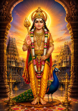 Sacred illustration of Lord Murugan seated with his peacock and Vel, representing wisdom, valor, and devotion in Hindu belief