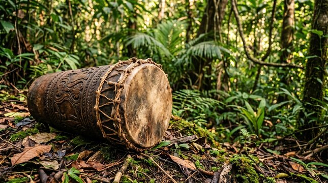 Traditional Papuan tifa drum on a natural forest floor with leaves and soil. Ideal for heritage campaigns, tourism branding, and cultural education.