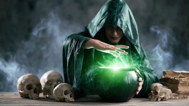 Mysterious witch or sorcerer creating a magical potion in a glowing cauldron, evoking fantasy, mystery, and dark arts