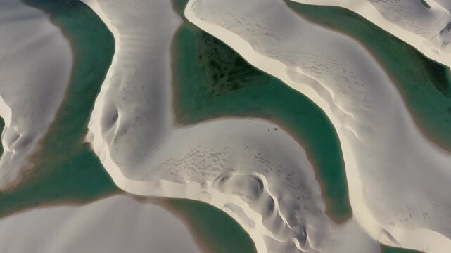 Aerial Drone View of Len&ccedil;&oacute;is Maranhenses White Sand Dunes and Turquoise Lagoons Brazil