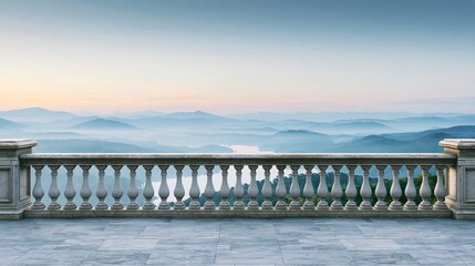 Fototapeta premium Ornate stone balcony overlooking misty European hills and a distant lake, offering a quiet, romantic travel view