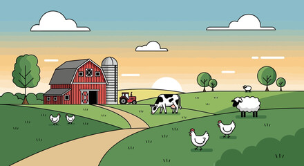 Idyllic Farm Scene with Barn, Livestock, and Tractor at Sunrise © Sarwanto1122