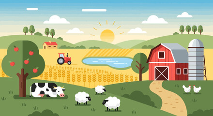 Rural Farm Landscape with Animals, Tractor, and Barn - Flat Design © Sarwanto1122