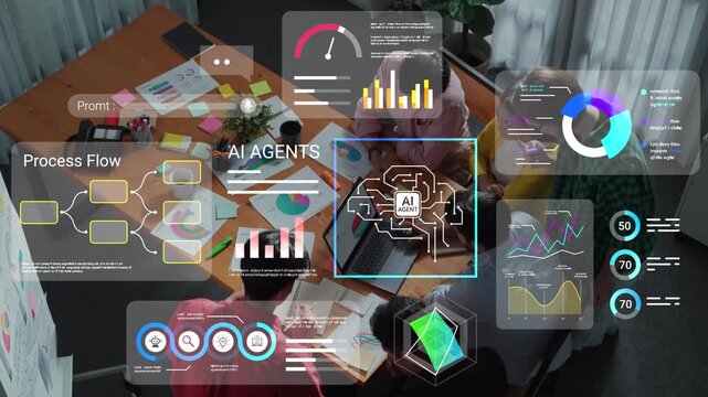 Collaborative Team Meeting on Artificial Intelligence Strategy with Visual Data Insights and Process Flow Graphics in Modern Workspace Environment Gluon.