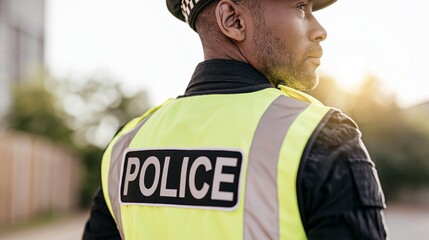 Obraz premium Police officer wearing a high visibility reflective vest with POLICE text, providing public safety and law enforcement