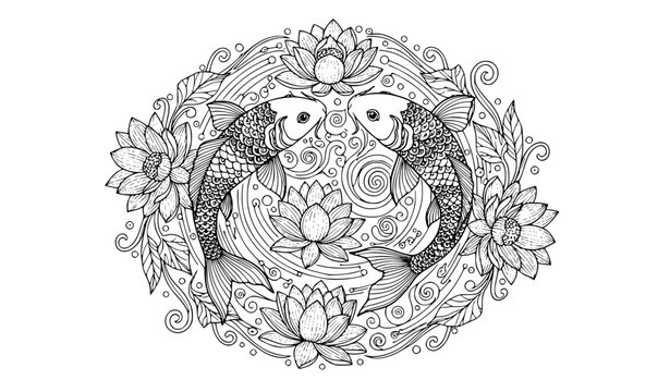 Black and white koi fish lotus coloring page zen doodle vector illustration