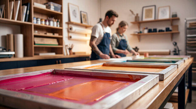 Printer pulling squeegee through thick ink on silk screen frame with a clean studio in background