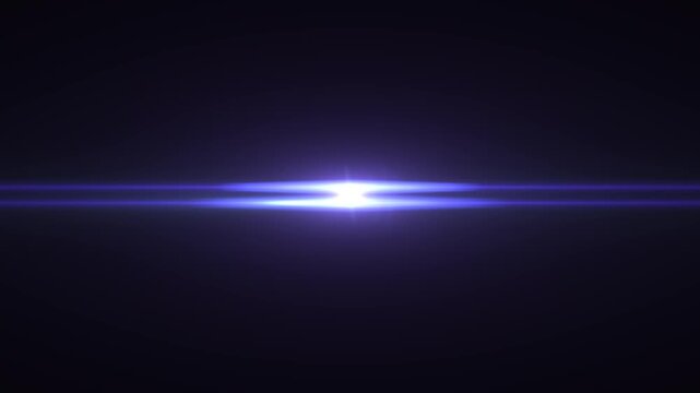 Blue Cinematic Optical Lens Flare Transition with moving from left to right, Bright Rainbow Glow, Chromatic Aberration, Flash Shine, Bokeh Particles and Explosion Streak Effects on Black Background 4K