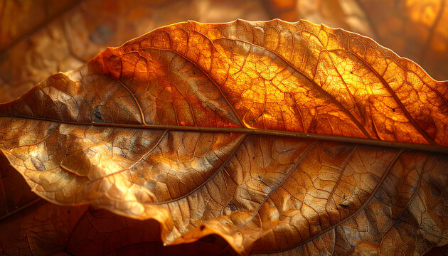 Close up of a vibrant autumn leaf with intricate patterns and warm sunlight