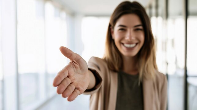 Smiling businesswoman extending hand for handshake in modern office, concept of welcome, partnership, and corporate agreement