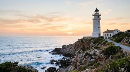 Fototapeta premium Scenic coastal lighthouse overlooking ocean during sunset with rocky shoreline