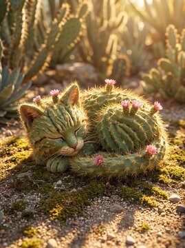 Cactus Cat Sculpture in Desert Setting with Flowers and Warm Sunset Light