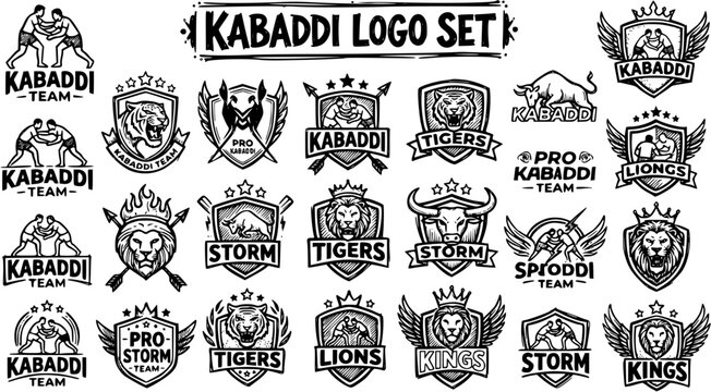 Black and white line art kabaddi team logos and emblems - sport game icons