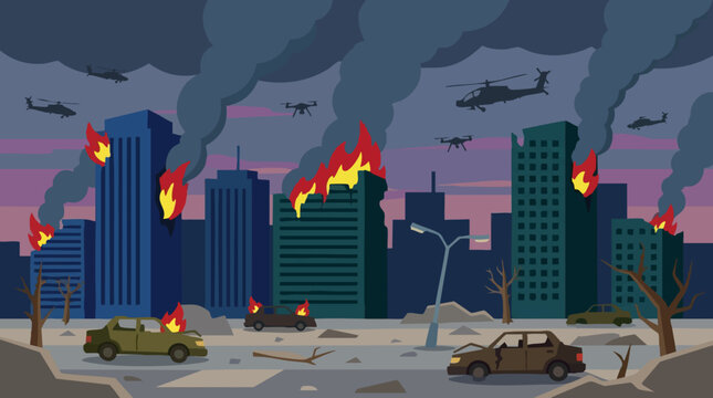 War-torn city with burning buildings, destroyed cars, helicopters and drones