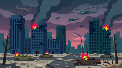 War-torn city at dusk: burning buildings, damaged cars, helicopters & drones. © AS_StockNation