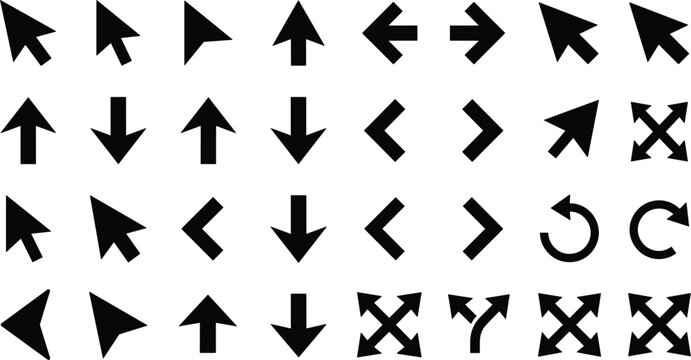 Minimalist Computer Mouse Cursor and Directional Arrow Black Icon Set for User Interface Web and App Design