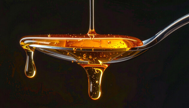 Close up of golden honey dripping from a silver spoon against a dark backdrop