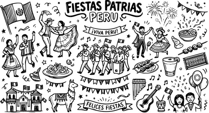 Peru Independence Day Celebration Vector: Line Art Doodles of Peruvian Culture, Food, Music, and Festivities