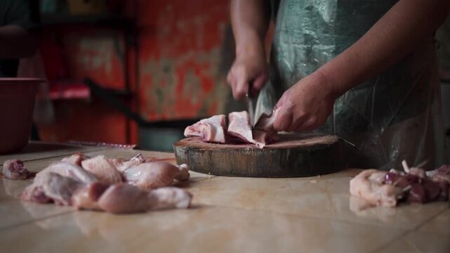 Butcher Cutting Chicken at Traditional Market Close Up
