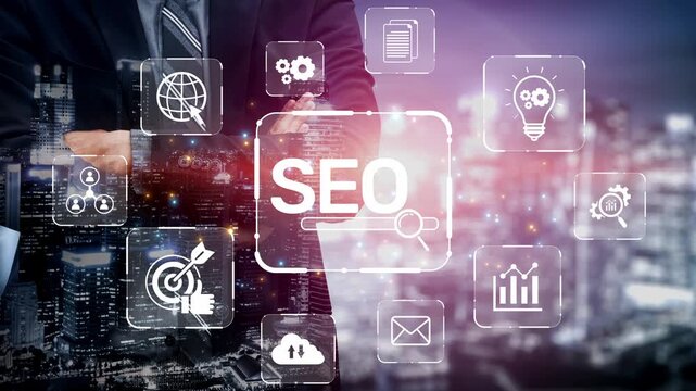 SEO concept for improving SEO visibility, with SEO related digital tools and SEO performance icons shown in an focused layout for strategic marketing. Muxer