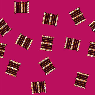 seamless pattern Indian churi bracelet vector art presenting a stack of golden bangles interspersed with vibrant pink thread patterns and decorative golden beads on a white background