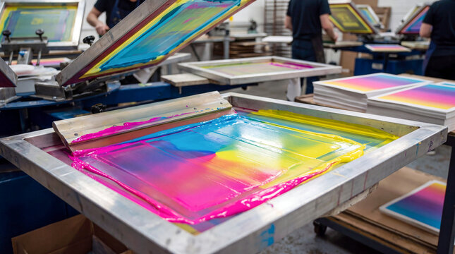 Screen printing studio producing artistic gradient posters with vibrant colorful layered ink mesh