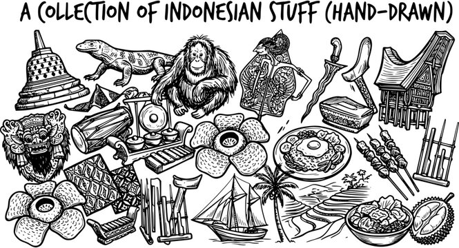 Hand-drawn Black  White Line Art Collection of Indonesian Cultural Icons, Travel Landmarks, Unique Wildlife, Traditional Food, and Heritage Elements.
