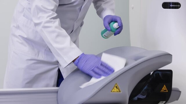 Medical worker in lab coat adjusts MRI or CT scanner controls during diagnostic imaging procedure in a clean hospital radiology department.